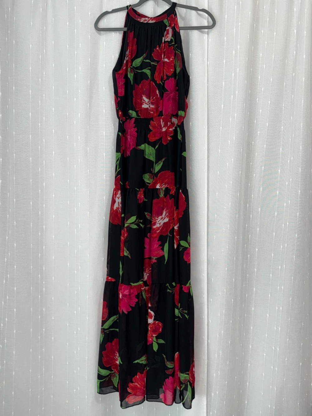 Chetta B Black Maxi Dress with Red, Pink & Green Floral Print